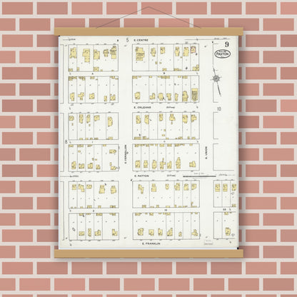 Old map wall art mockup — magnetic wood frame on brick wall — Sanborn Fire Insurance Map from Paxton, Ford County, Illinois (1921), Sheet #0009