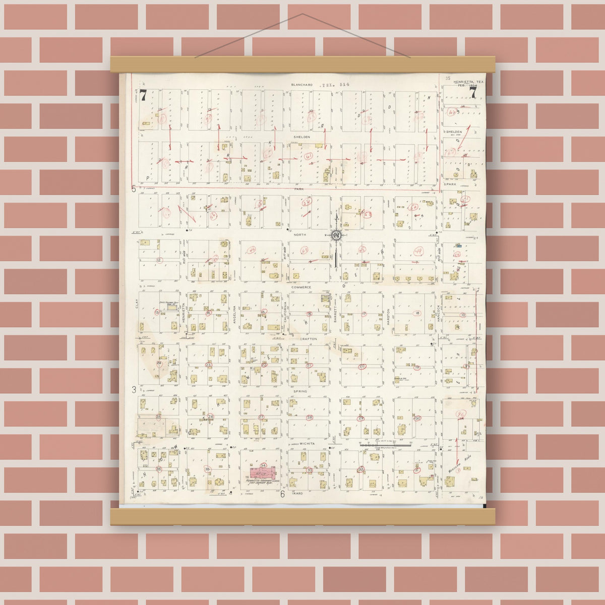 Old map wall art mockup — magnetic wood frame on brick wall — Sanborn Fire Insurance Map from Henrietta, Clay County, Texas (1944), Sheet #0007