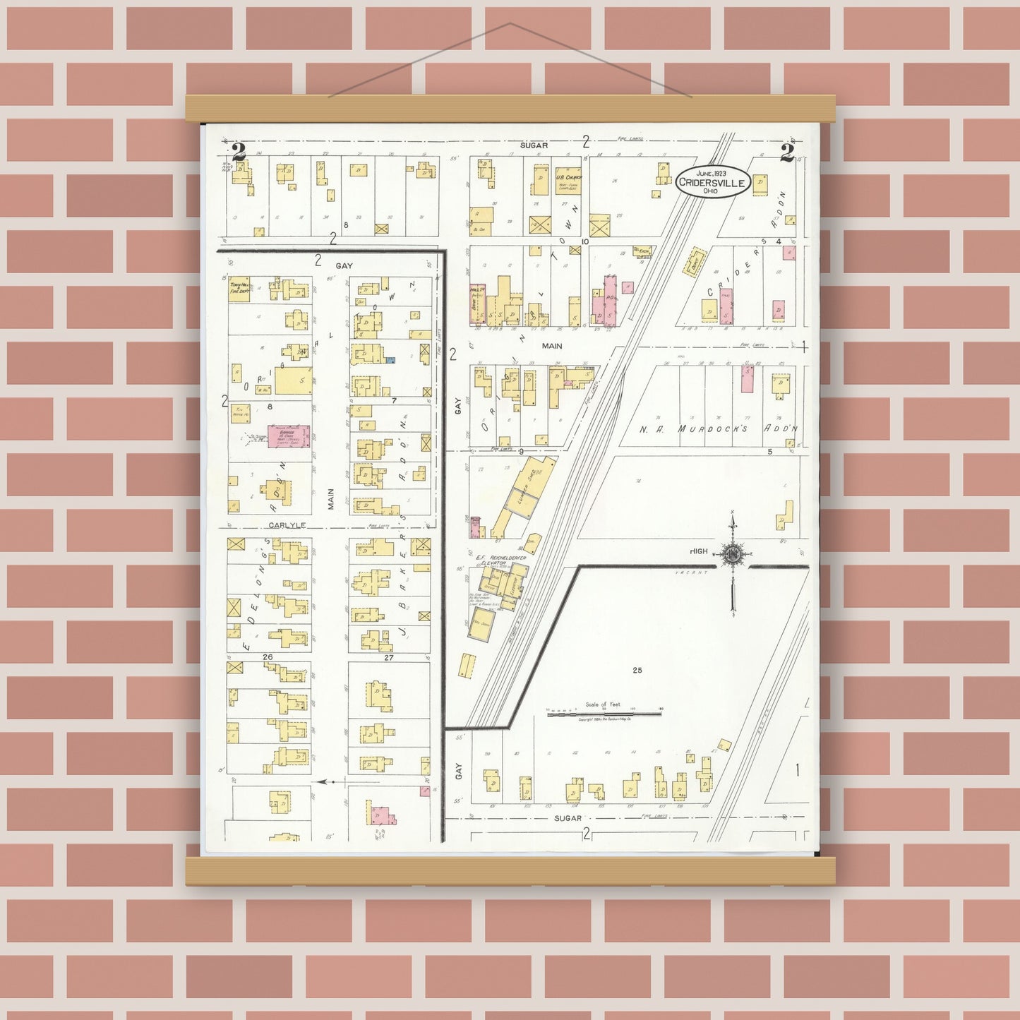 Old map wall art mockup — magnetic wood frame on brick wall — Sanborn Fire Insurance Map from Cridersville, Auglaize County, Ohio (1923), Sheet #0002