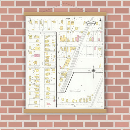 Old map wall art mockup — magnetic wood frame on brick wall — Sanborn Fire Insurance Map from Cridersville, Auglaize County, Ohio (1923), Sheet #0002