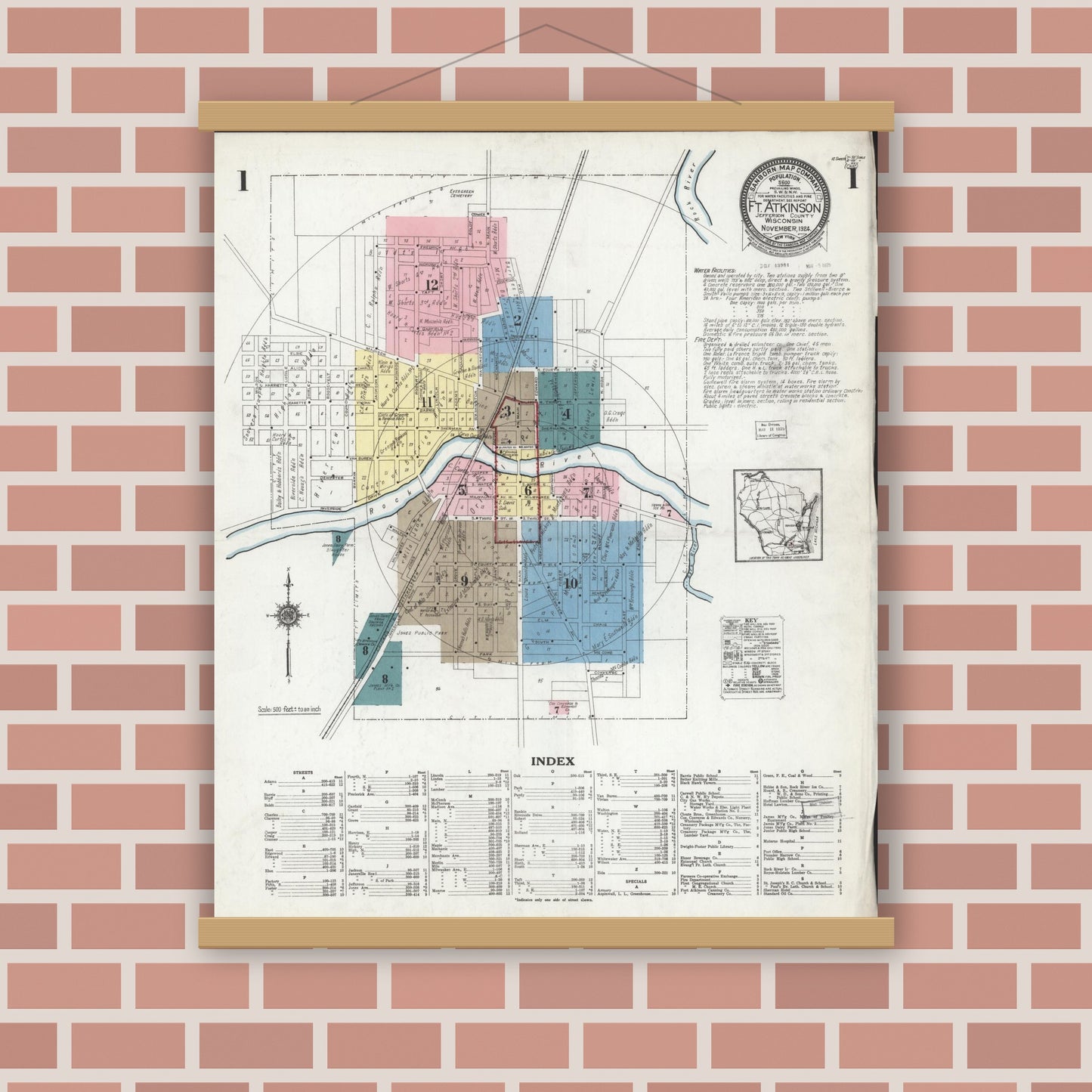 Old map wall art mockup — magnetic wood frame on brick wall — Sanborn Fire Insurance Map from Fort Atkinson, Jefferson County, Wisconsin (1924), Sheet #0001