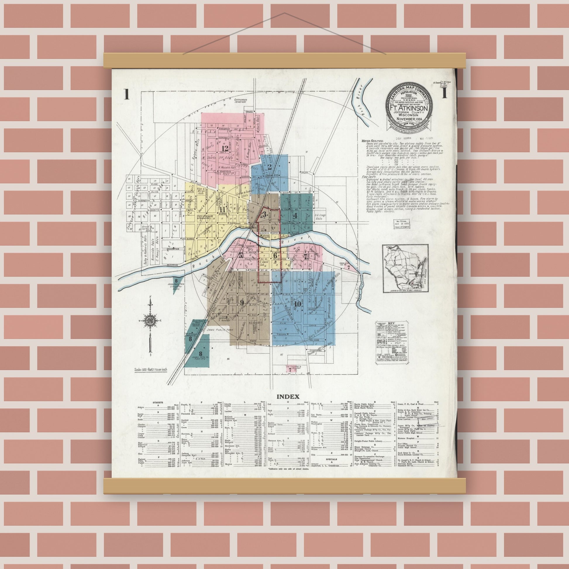 Old map wall art mockup — magnetic wood frame on brick wall — Sanborn Fire Insurance Map from Fort Atkinson, Jefferson County, Wisconsin (1924), Sheet #0001