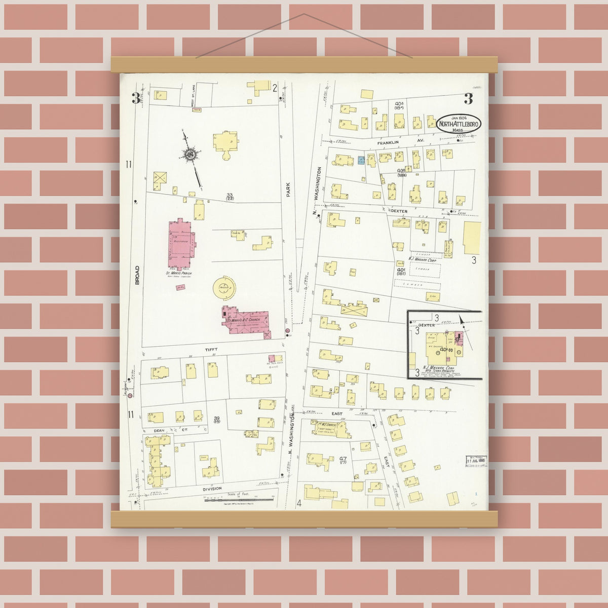 Old map wall art mockup — magnetic wood frame on brick wall — Sanborn Fire Insurance Map from North Attleborough, Bristol County, Massachusetts (1924), Sheet #0003