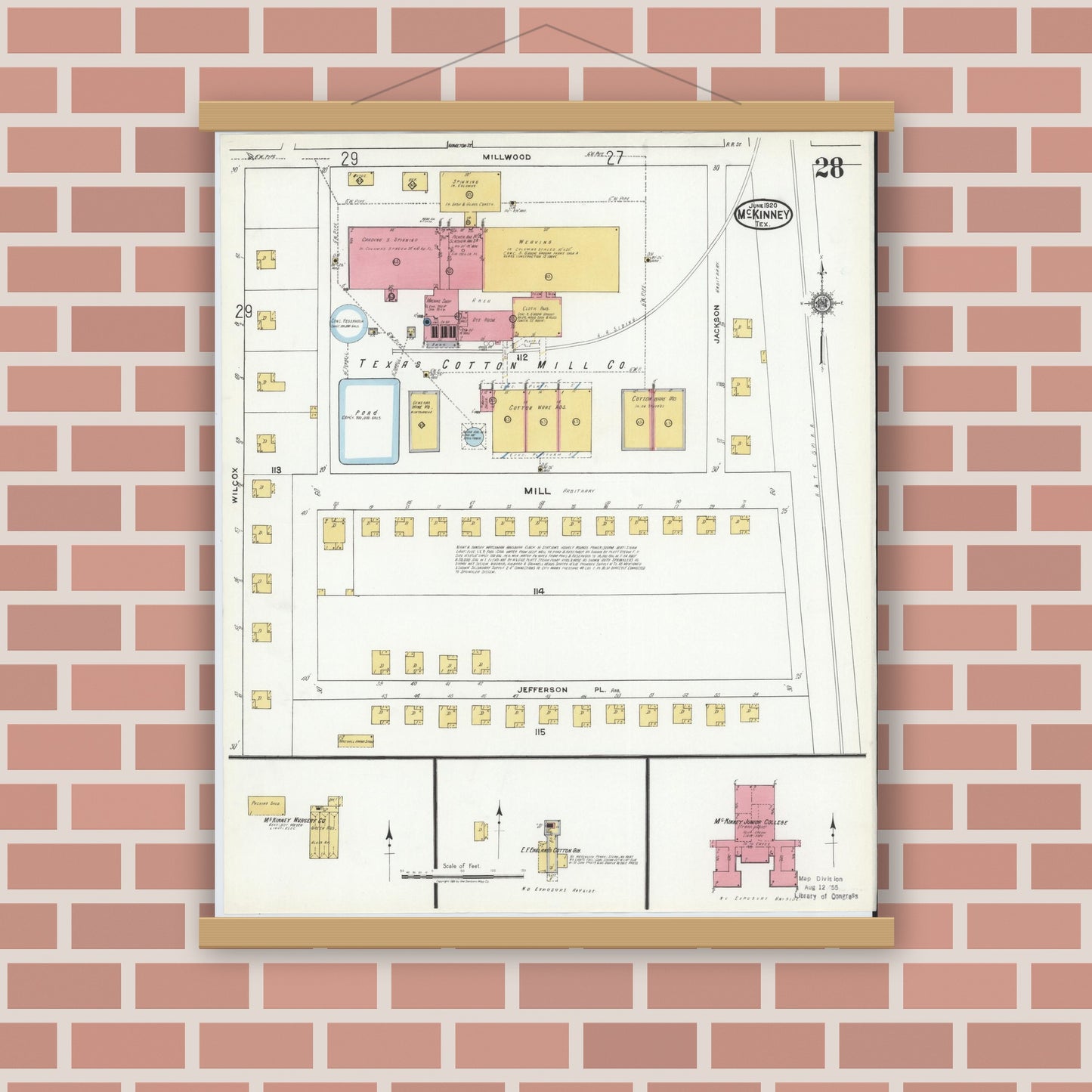 Old map wall art mockup — magnetic wood frame on brick wall — Sanborn Fire Insurance Map from McKinney, Collin County, Texas (1920), Sheet #0028