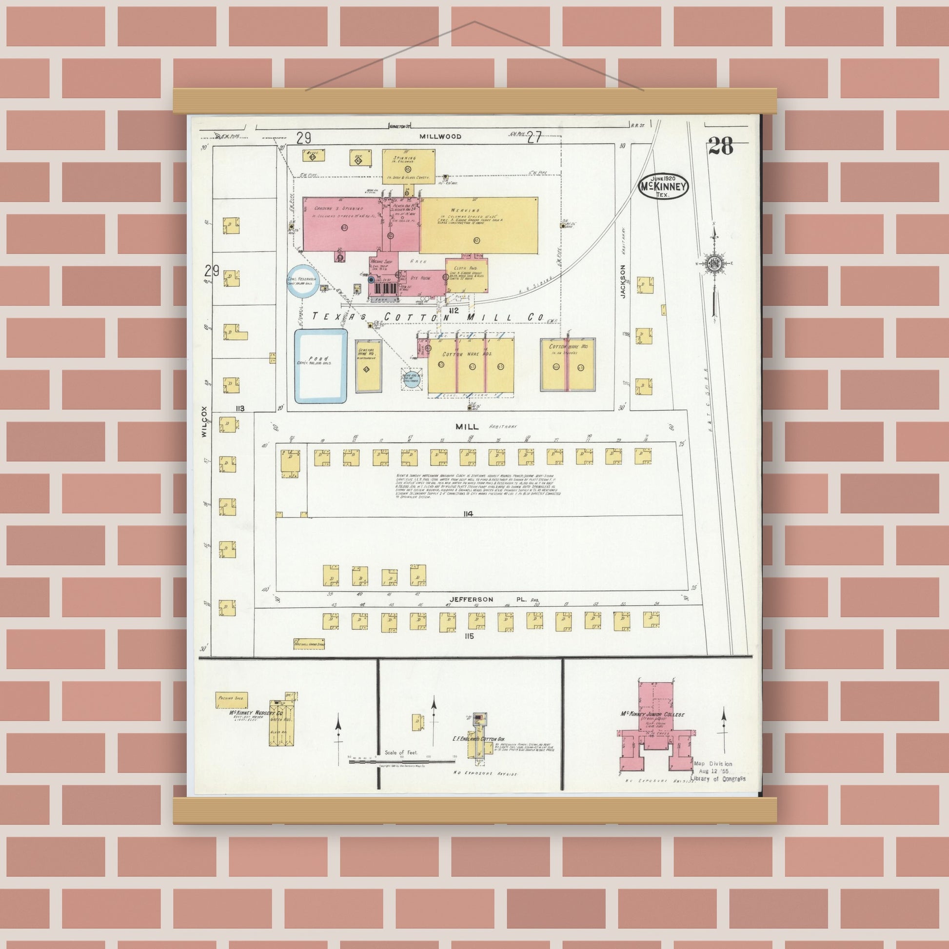 Old map wall art mockup — magnetic wood frame on brick wall — Sanborn Fire Insurance Map from McKinney, Collin County, Texas (1920), Sheet #0028