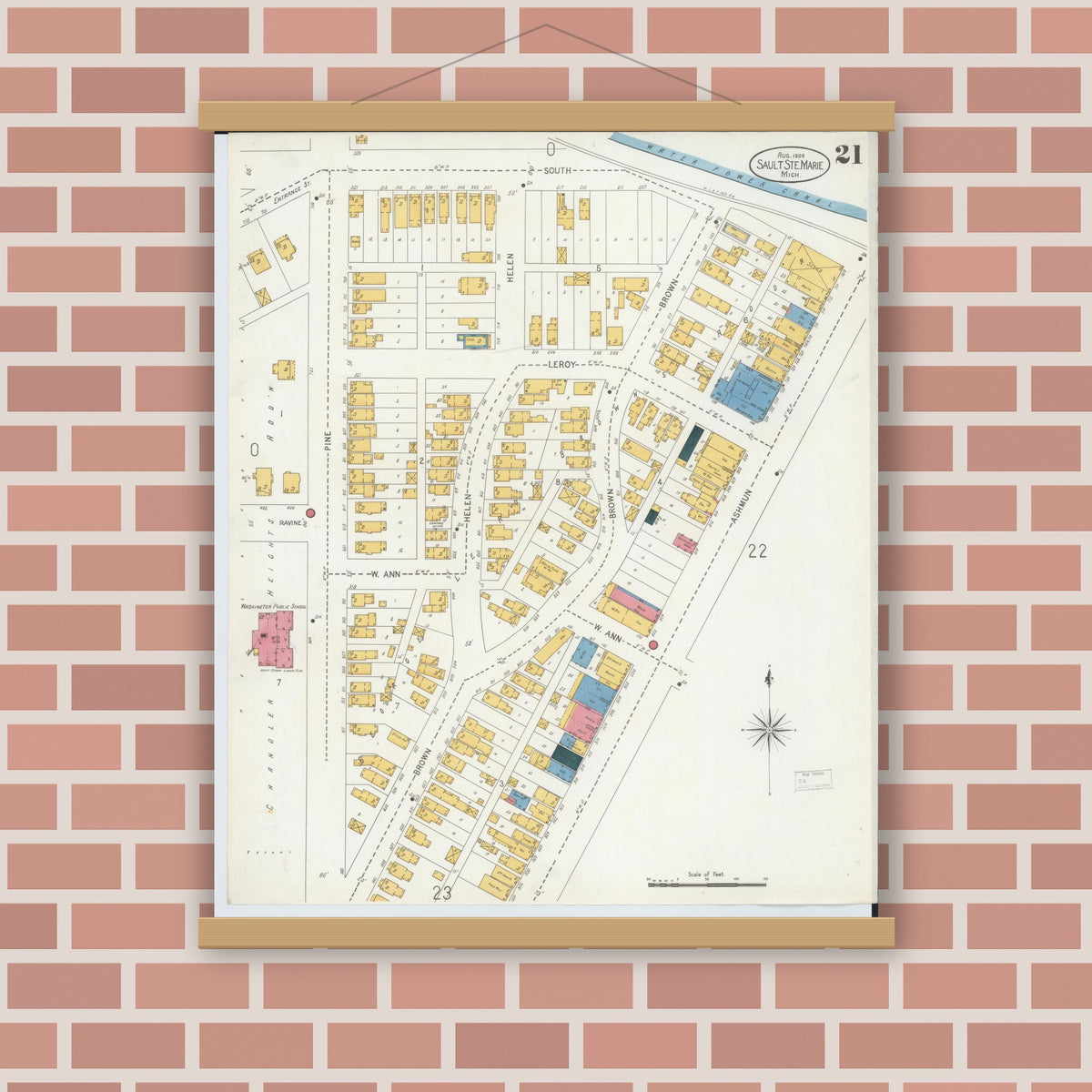 Old map wall art mockup — magnetic wood frame on brick wall — Sanborn Fire Insurance Map from Sault Sainte Marie, Chippewa County, Michigan (1906), Sheet #0021