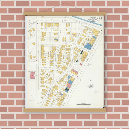 Old map wall art mockup — magnetic wood frame on brick wall — Sanborn Fire Insurance Map from Sault Sainte Marie, Chippewa County, Michigan (1906), Sheet #0021