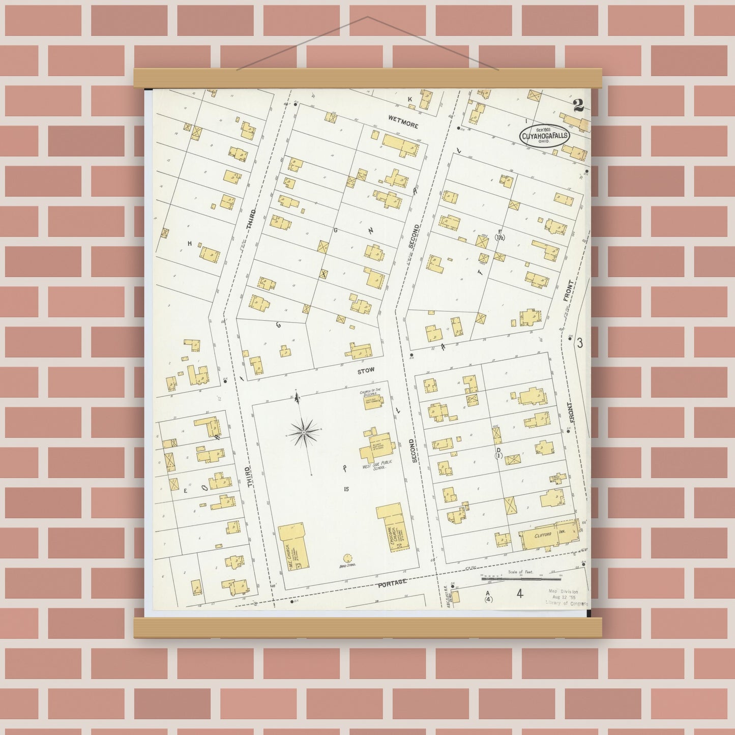 Old map wall art mockup — magnetic wood frame on brick wall — Sanborn Fire Insurance Map from Cuyahoga Falls, Summit County, Ohio (1901), Sheet #0002