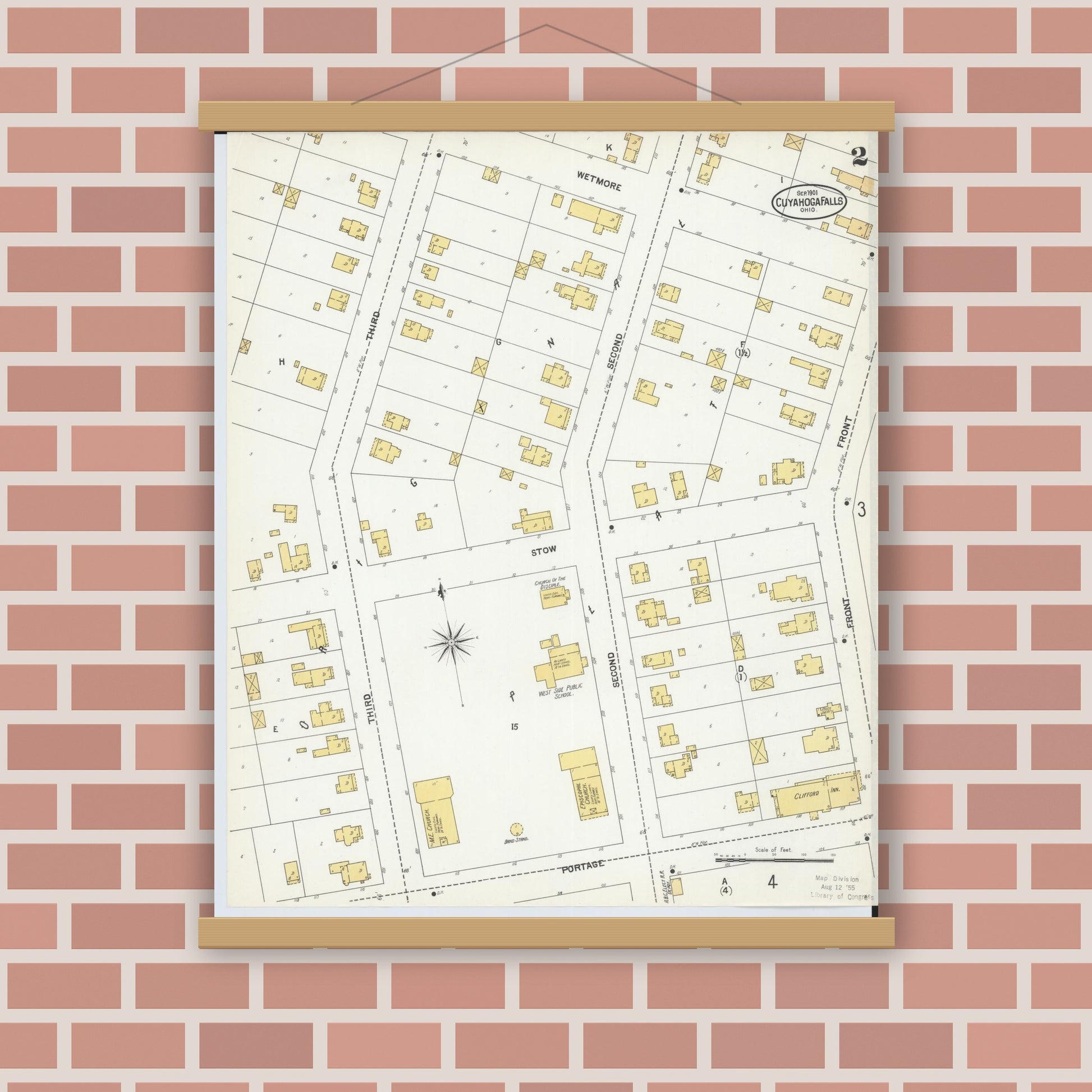 Old map wall art mockup — magnetic wood frame on brick wall — Sanborn Fire Insurance Map from Cuyahoga Falls, Summit County, Ohio (1901), Sheet #0002