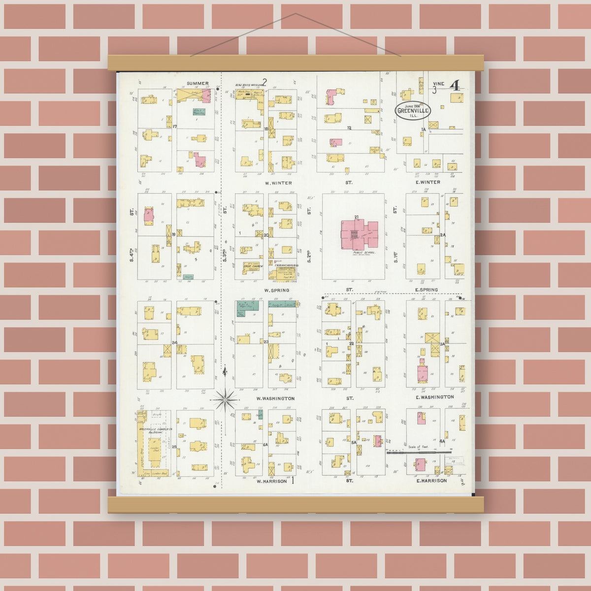 Old map wall art mockup — magnetic wood frame on brick wall — Sanborn Fire Insurance Map from Greenville, Bond County, Illinois (1906), Sheet #0004