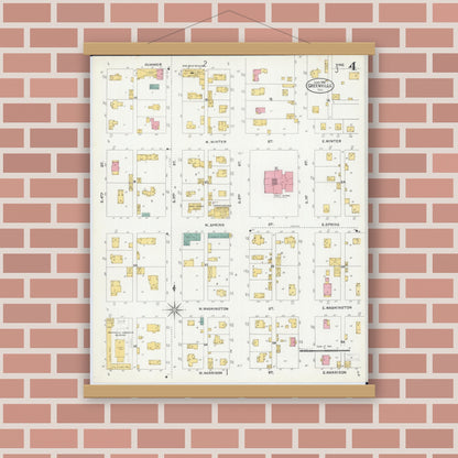 Old map wall art mockup — magnetic wood frame on brick wall — Sanborn Fire Insurance Map from Greenville, Bond County, Illinois (1906), Sheet #0004
