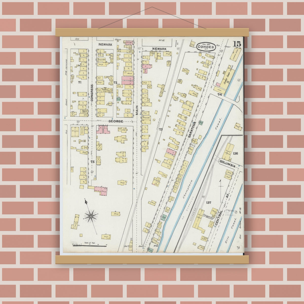 Old map wall art mockup — magnetic wood frame on brick wall — Sanborn Fire Insurance Map from Cohoes, Albany County, New York (1891), Sheet #0015