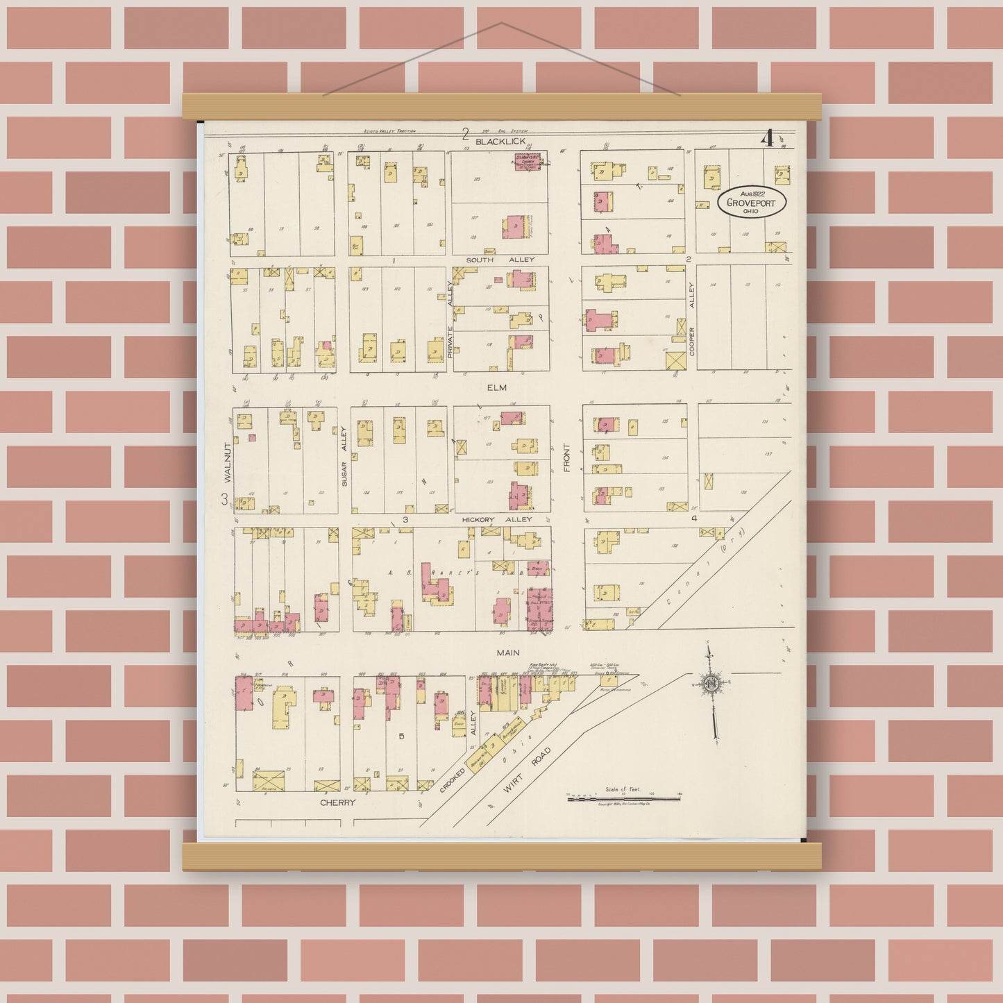 Old map wall art mockup — magnetic wood frame on brick wall — Sanborn Fire Insurance Map from Groveport, Franklin County, Ohio (1922), Sheet #0004