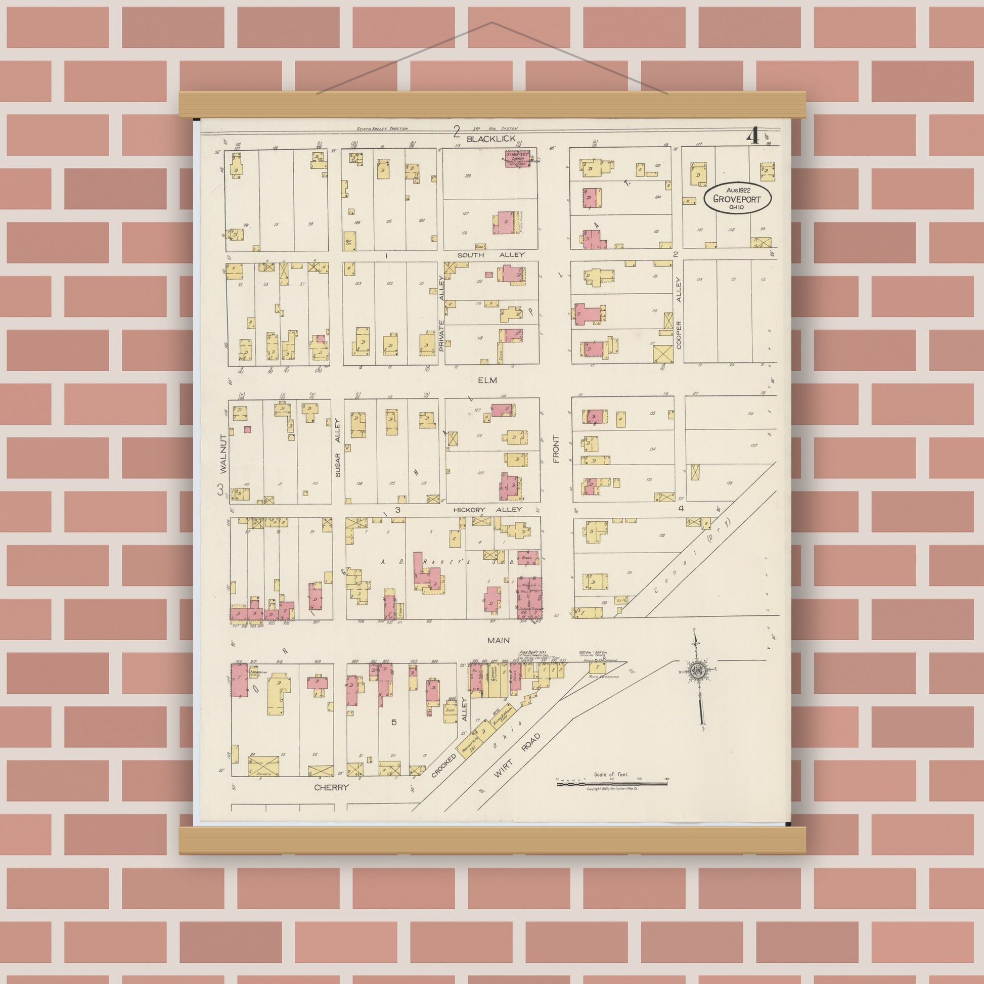 Old map wall art mockup — magnetic wood frame on brick wall — Sanborn Fire Insurance Map from Groveport, Franklin County, Ohio (1922), Sheet #0004