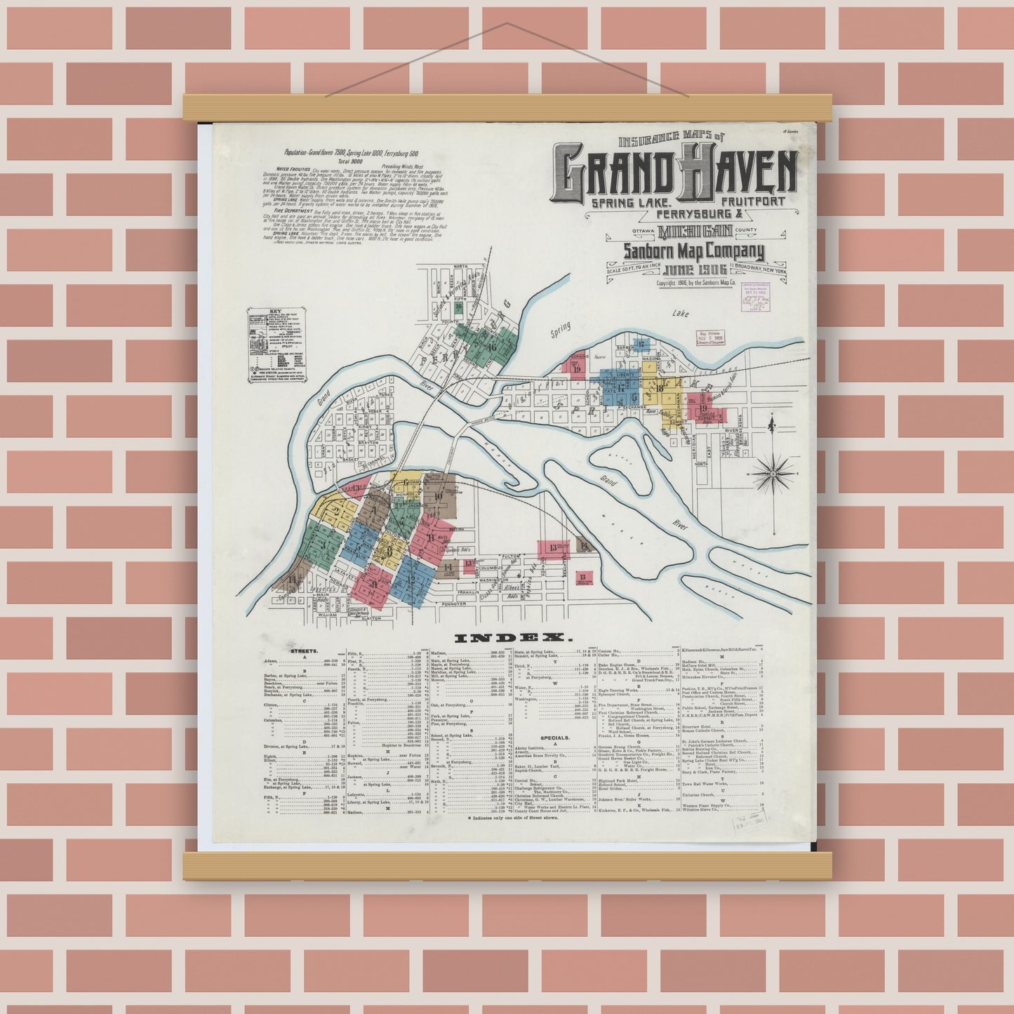 Old map wall art mockup — magnetic wood frame on brick wall — Sanborn Fire Insurance Map from Grand Haven, Ottawa County, Michigan (1906) - Complete Map Set