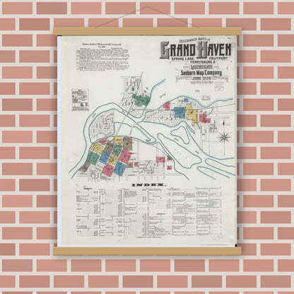 Old map wall art mockup — magnetic wood frame on brick wall — Sanborn Fire Insurance Map from Grand Haven, Ottawa County, Michigan (1906) - Complete Map Set