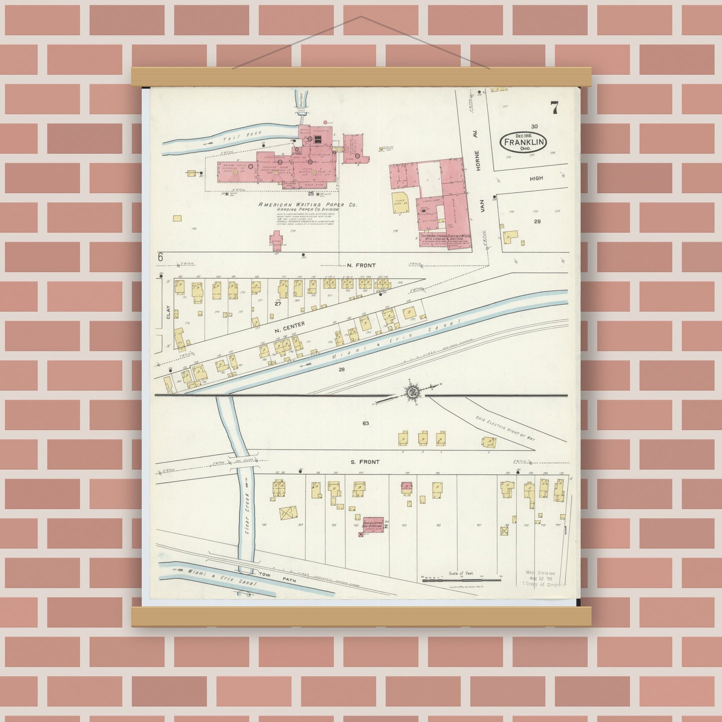 Old map wall art mockup — magnetic wood frame on brick wall — Sanborn Fire Insurance Map from Franklin, Warren County, Ohio (1916), Sheet #0007