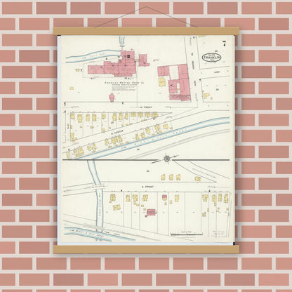 Old map wall art mockup — magnetic wood frame on brick wall — Sanborn Fire Insurance Map from Franklin, Warren County, Ohio (1916), Sheet #0007
