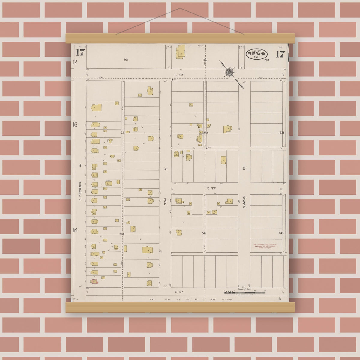 Old map wall art mockup — magnetic wood frame on brick wall — Sanborn Fire Insurance Map from Burbank, Los Angeles County, California (1923), Sheet #0017