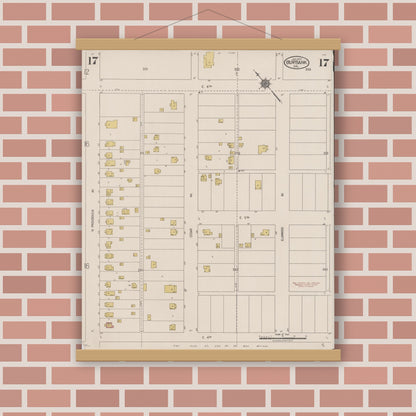 Old map wall art mockup — magnetic wood frame on brick wall — Sanborn Fire Insurance Map from Burbank, Los Angeles County, California (1923), Sheet #0017