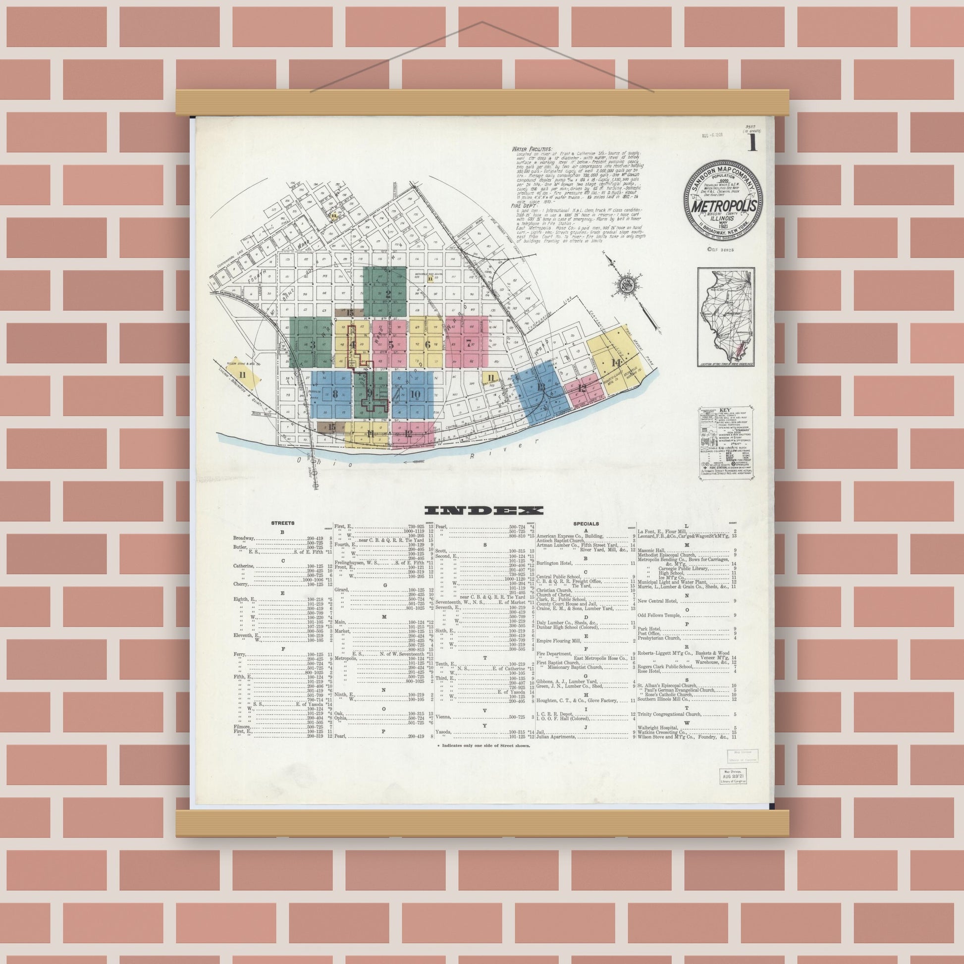 Old map wall art mockup — magnetic wood frame on brick wall — Sanborn Fire Insurance Map from Metropolis, Massac County, Illinois (1921) - Complete Map Set