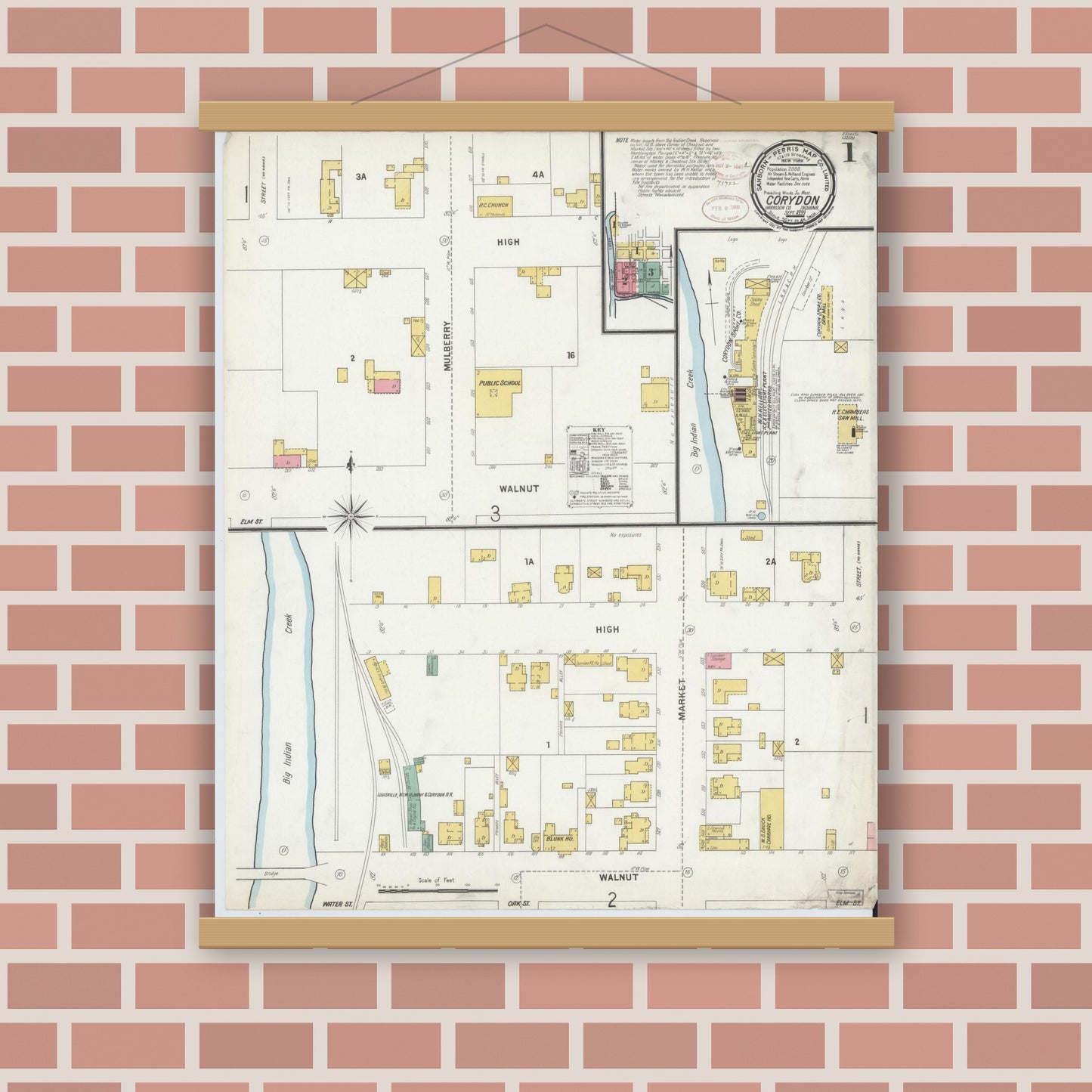 Old map wall art mockup — magnetic wood frame on brick wall — Sanborn Fire Insurance Map from Corydon, Harrison County, Indiana (1899) - Complete Map Set