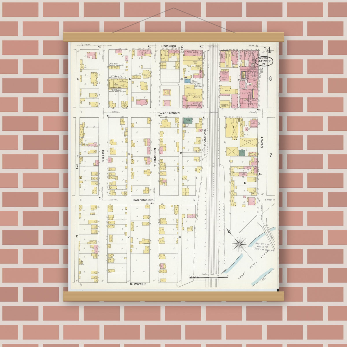 Old map wall art mockup — magnetic wood frame on brick wall — Sanborn Fire Insurance Map from Latrobe, Westmoreland County, Pennsylvania (1909), Sheet #0004