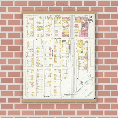 Old map wall art mockup — magnetic wood frame on brick wall — Sanborn Fire Insurance Map from Latrobe, Westmoreland County, Pennsylvania (1909), Sheet #0004