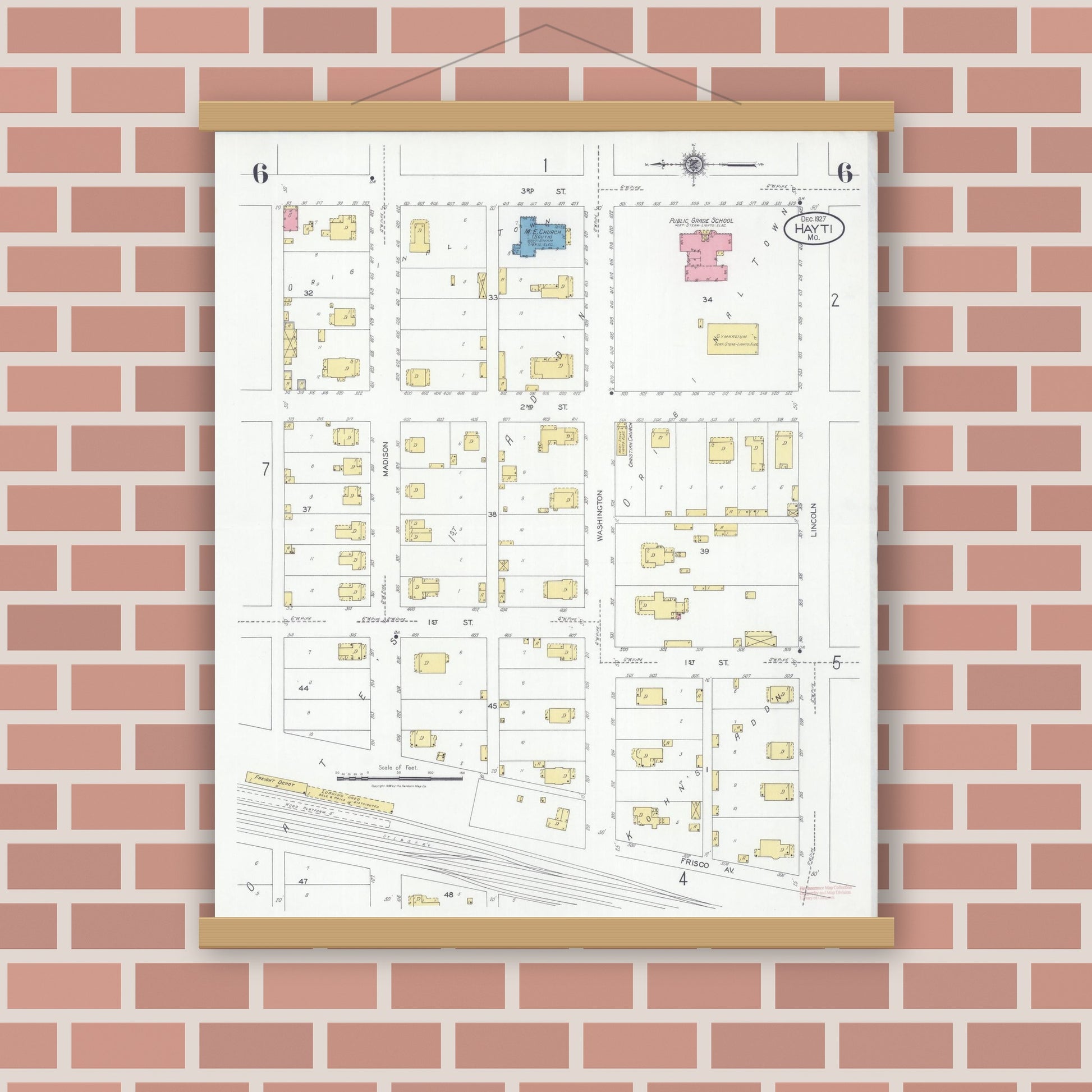Old map wall art mockup — magnetic wood frame on brick wall — Sanborn Fire Insurance Map from Hayti, Pemiscot County, Missouri (1927), Sheet #0006