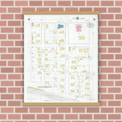 Old map wall art mockup — magnetic wood frame on brick wall — Sanborn Fire Insurance Map from Hayti, Pemiscot County, Missouri (1927), Sheet #0006