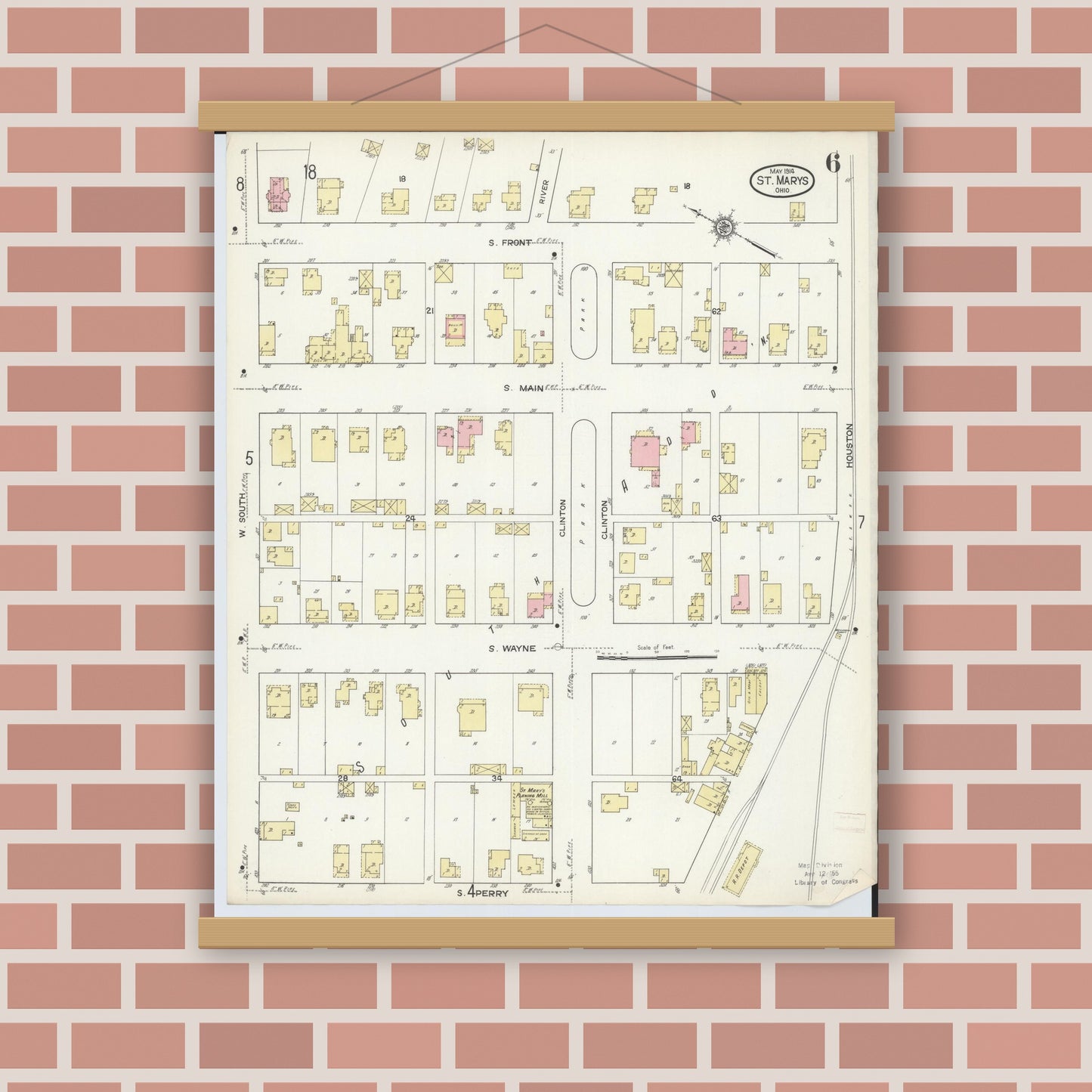 Old map wall art mockup — magnetic wood frame on brick wall — Sanborn Fire Insurance Map from Saint Marys, Auglaize County, Ohio (1914), Sheet #0006