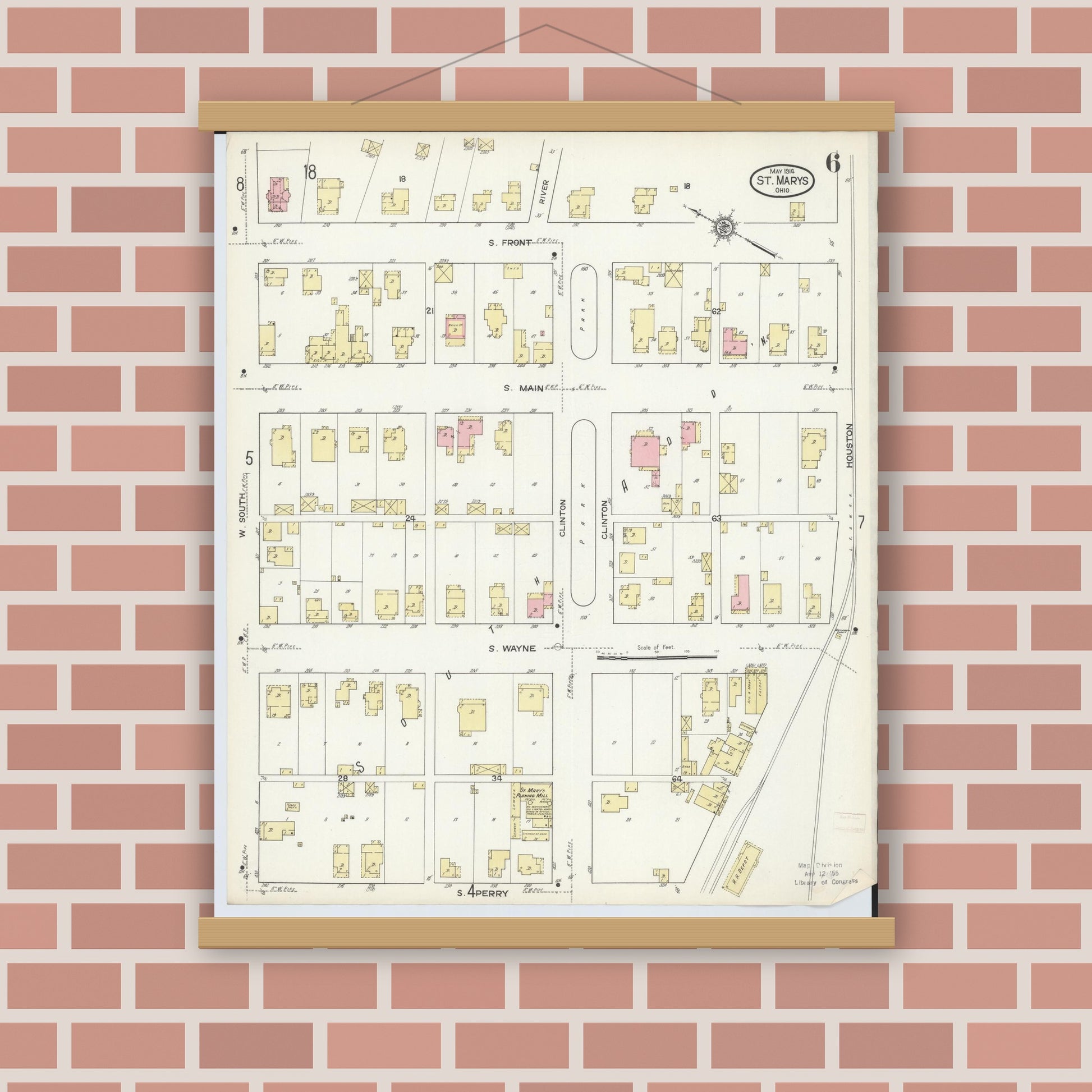 Old map wall art mockup — magnetic wood frame on brick wall — Sanborn Fire Insurance Map from Saint Marys, Auglaize County, Ohio (1914), Sheet #0006