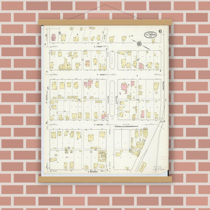 Old map wall art mockup — magnetic wood frame on brick wall — Sanborn Fire Insurance Map from Saint Marys, Auglaize County, Ohio (1914), Sheet #0006