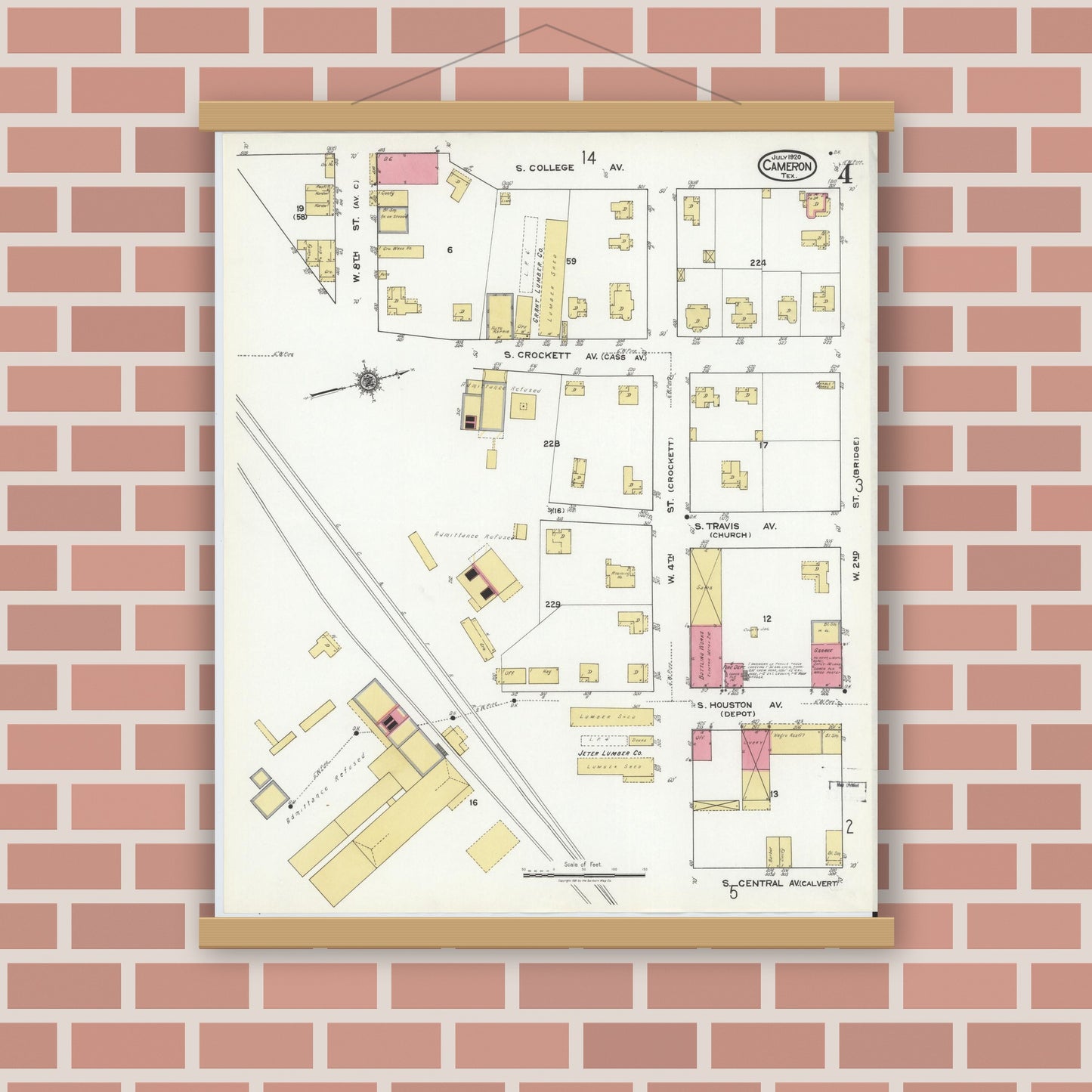 Old map wall art mockup — magnetic wood frame on brick wall — Sanborn Fire Insurance Map from Cameron, Milam County, Texas (1920), Sheet #0004