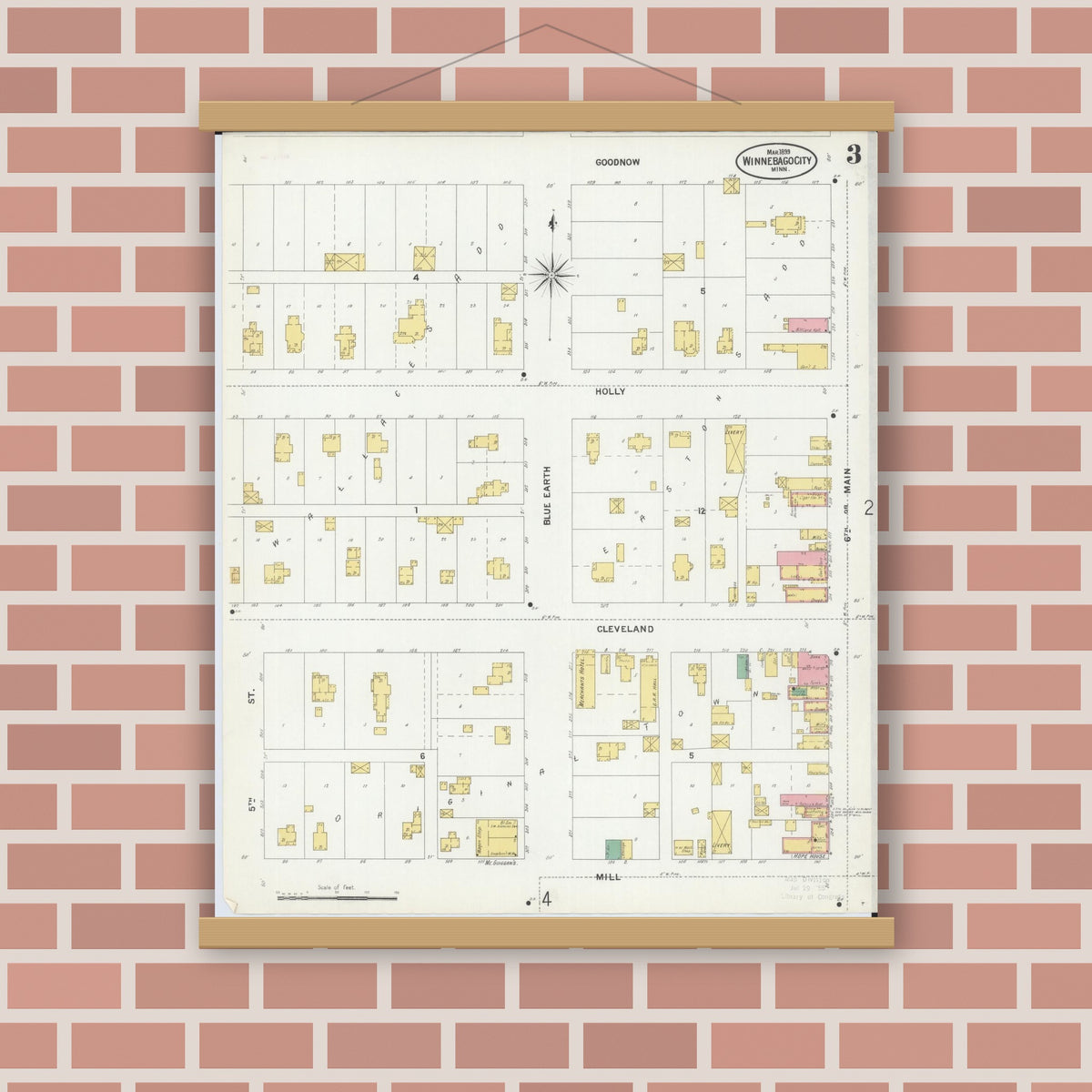 Old map wall art mockup — magnetic wood frame on brick wall — Sanborn Fire Insurance Map from Winnebago, Faribault County, Minnesota (1899), Sheet #0003