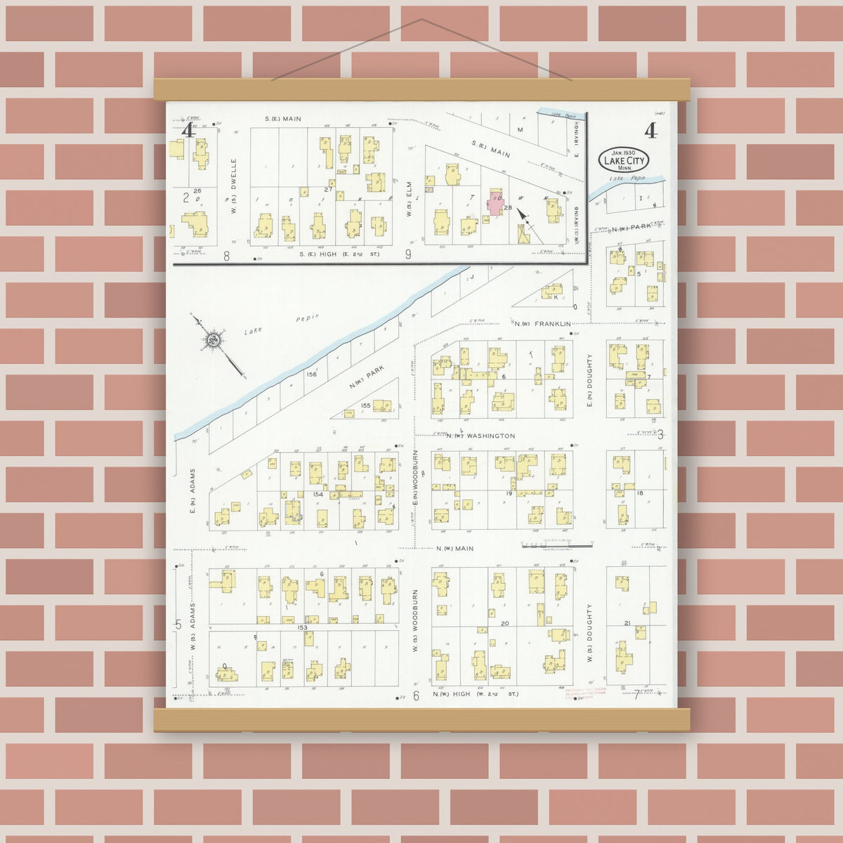 Old map wall art mockup — magnetic wood frame on brick wall — Sanborn Fire Insurance Map from Lake City, Wabasha County, Minnesota (1930), Sheet #0004