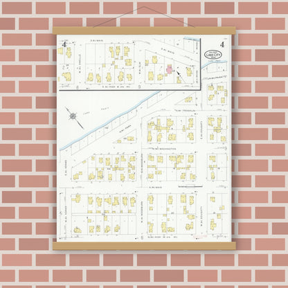 Old map wall art mockup — magnetic wood frame on brick wall — Sanborn Fire Insurance Map from Lake City, Wabasha County, Minnesota (1930), Sheet #0004
