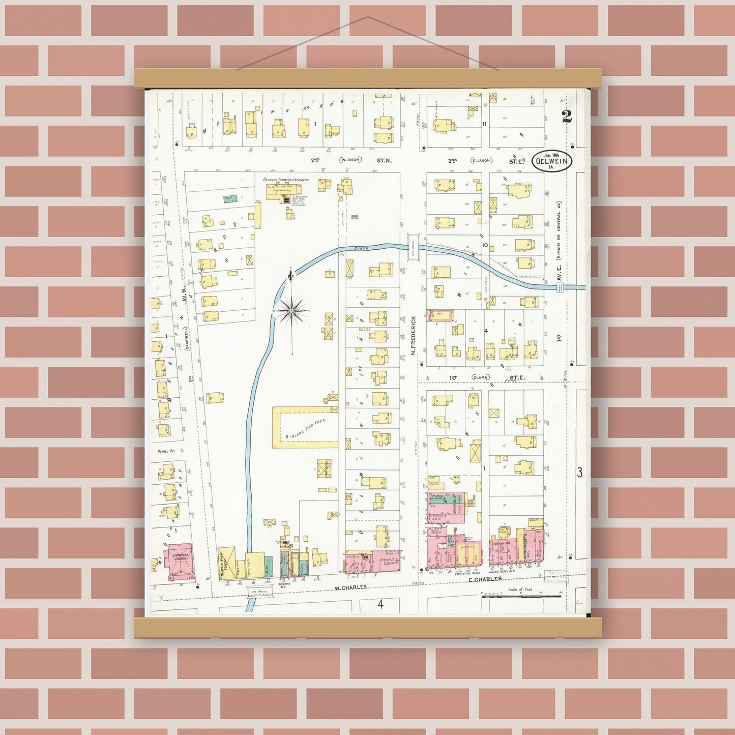 Old map wall art mockup — magnetic wood frame on brick wall — Sanborn Fire Insurance Map from Oelwein, Fayette County, Iowa (1906), Sheet #0002