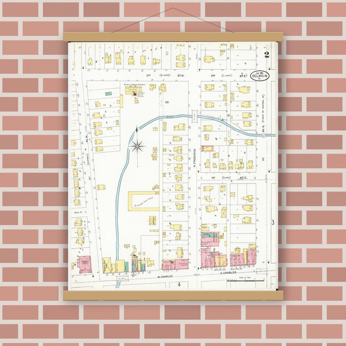 Old map wall art mockup — magnetic wood frame on brick wall — Sanborn Fire Insurance Map from Oelwein, Fayette County, Iowa (1906), Sheet #0002