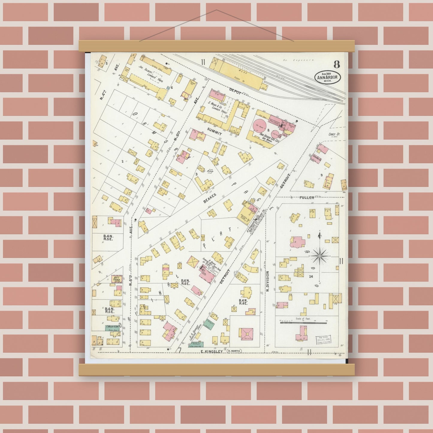 Old map wall art mockup — magnetic wood frame on brick wall — Sanborn Fire Insurance Map from Ann Arbor, Washtenaw County, Michigan (1899), Sheet #0008