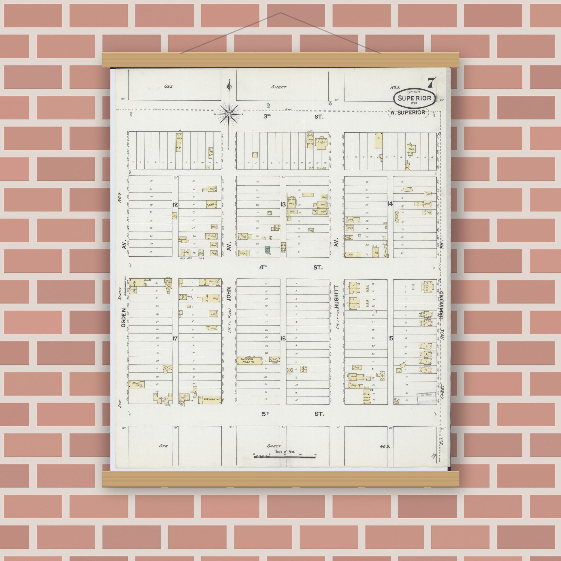 Old map wall art mockup — magnetic wood frame on brick wall — Sanborn Fire Insurance Map from Superior, Douglas County, Wisconsin (1887), Sheet #0007