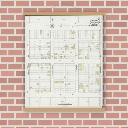 Old map wall art mockup — magnetic wood frame on brick wall — Sanborn Fire Insurance Map from Superior, Douglas County, Wisconsin (1887), Sheet #0007