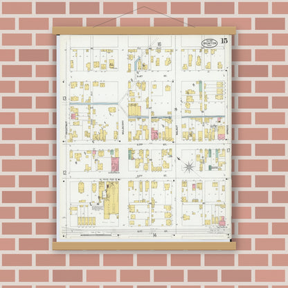 Old map wall art mockup — magnetic wood frame on brick wall — Sanborn Fire Insurance Map from Ironton, Lawrence County, Ohio (1900), Sheet #0015