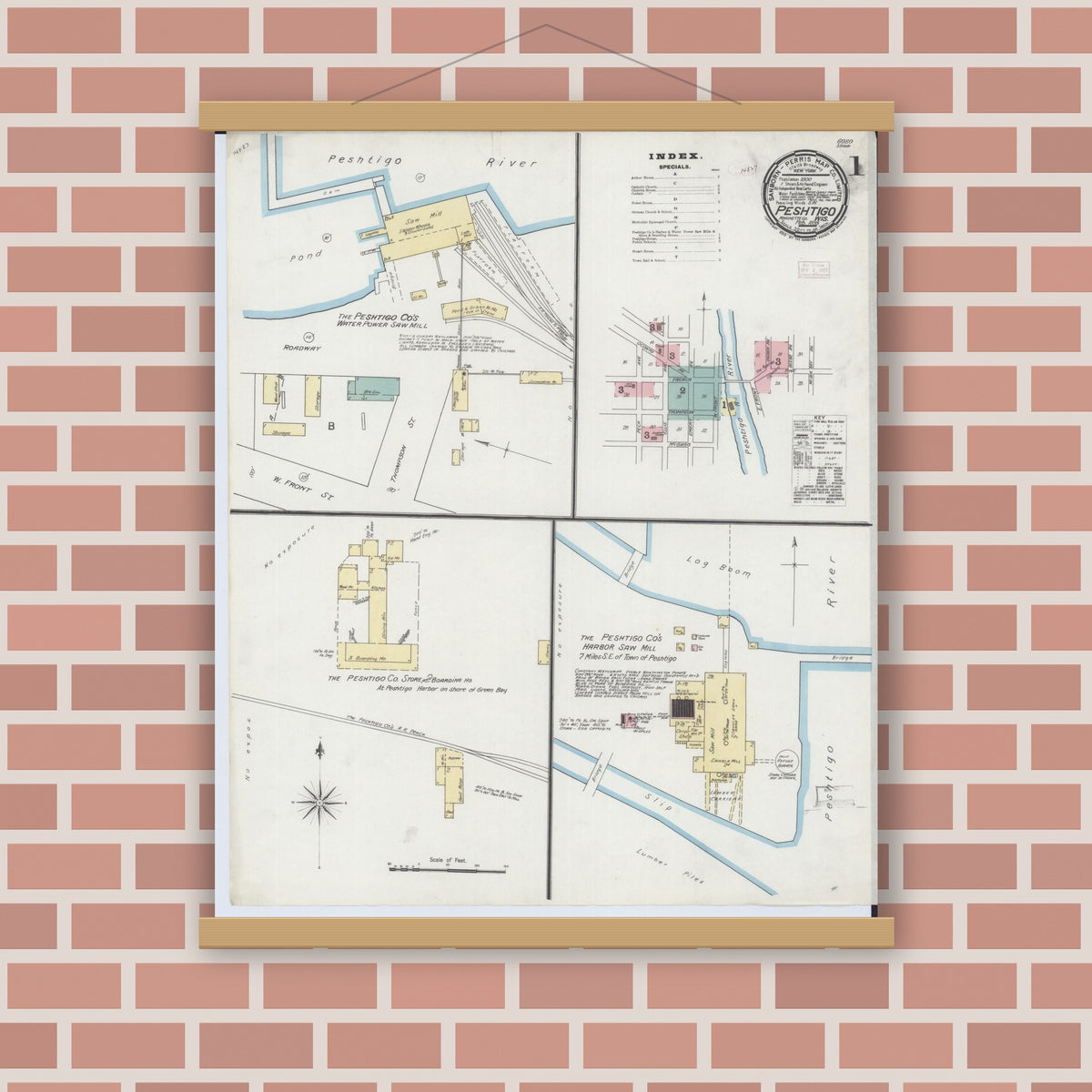 Old map wall art mockup — magnetic wood frame on brick wall — Sanborn Fire Insurance Map from Peshtigo, Marinette County, Wisconsin (1893) - Complete Map Set