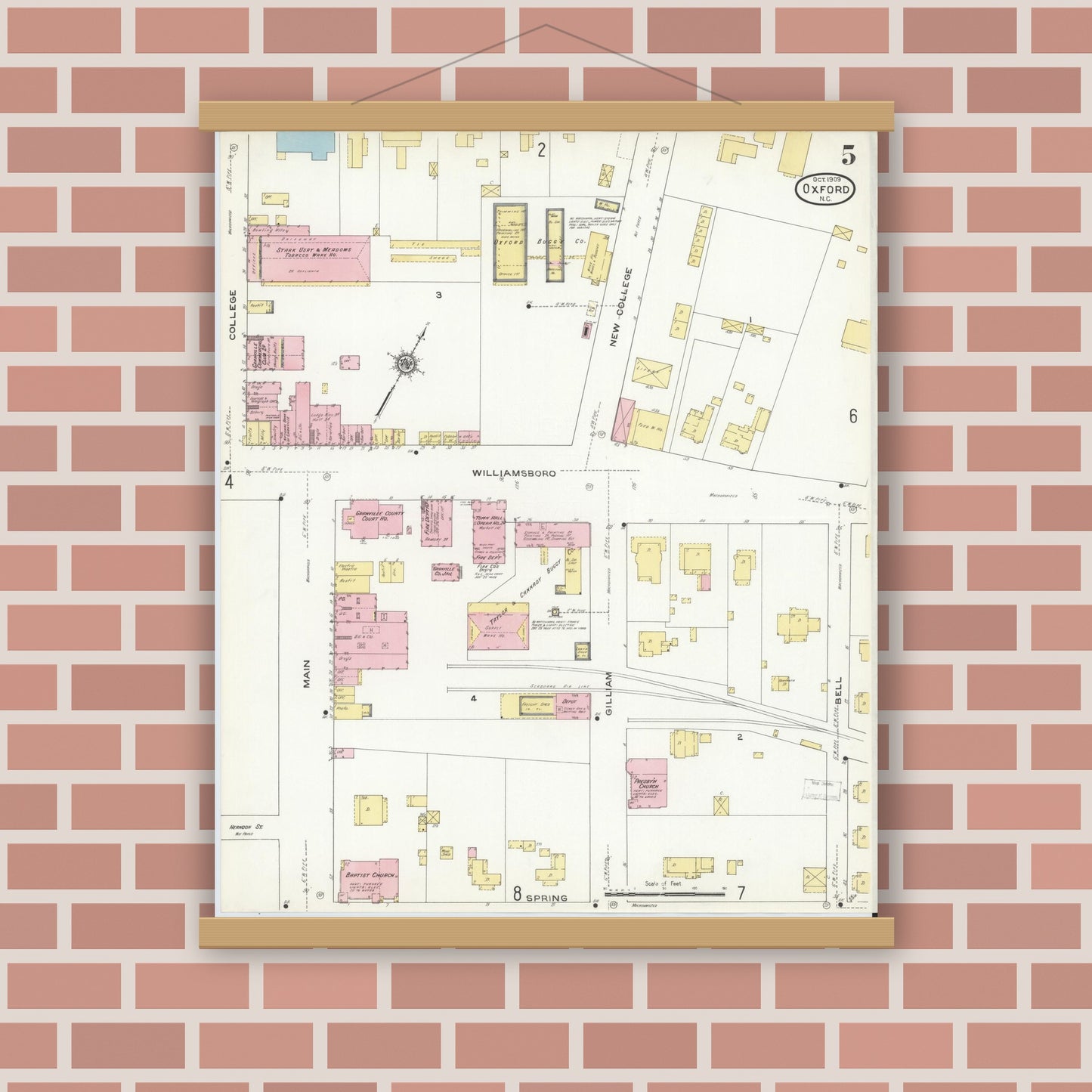 Old map wall art mockup — magnetic wood frame on brick wall — Sanborn Fire Insurance Map from Oxford, Granville County, North Carolina (1909), Sheet #0005
