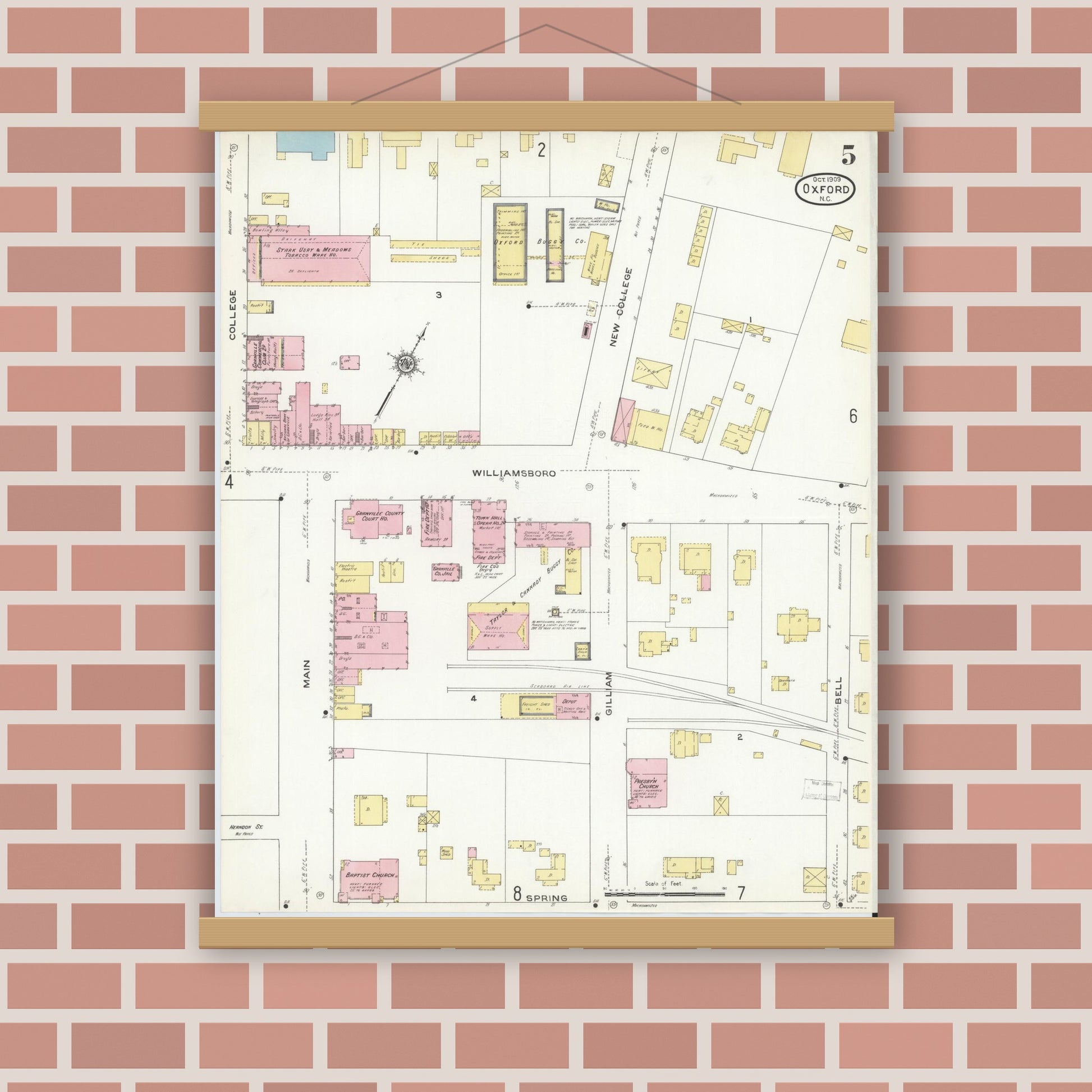 Old map wall art mockup — magnetic wood frame on brick wall — Sanborn Fire Insurance Map from Oxford, Granville County, North Carolina (1909), Sheet #0005