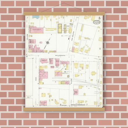 Old map wall art mockup — magnetic wood frame on brick wall — Sanborn Fire Insurance Map from Oxford, Granville County, North Carolina (1909), Sheet #0005