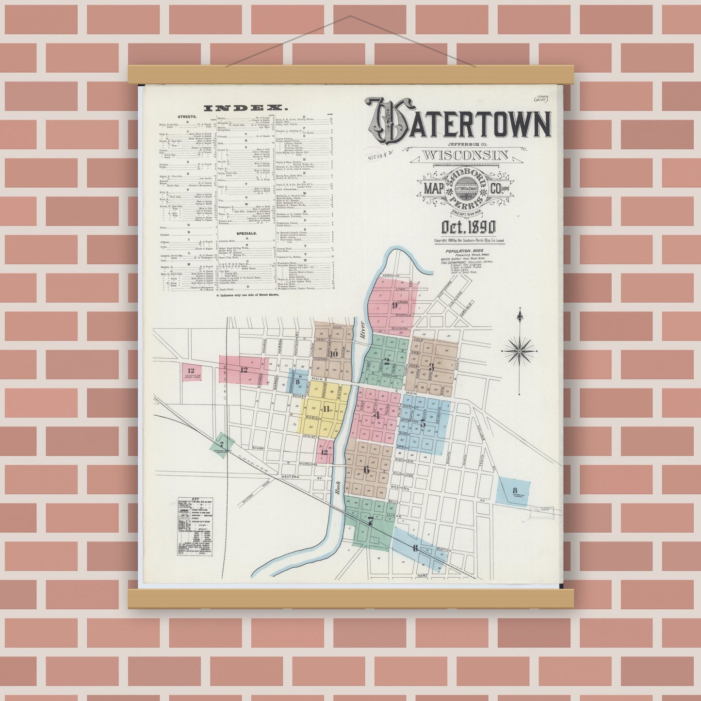Old map wall art mockup — magnetic wood frame on brick wall — Sanborn Fire Insurance Map from Watertown, Jefferson County, Wisconsin (1890) - Complete Map Set