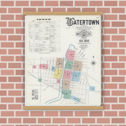 Old map wall art mockup — magnetic wood frame on brick wall — Sanborn Fire Insurance Map from Watertown, Jefferson County, Wisconsin (1890) - Complete Map Set