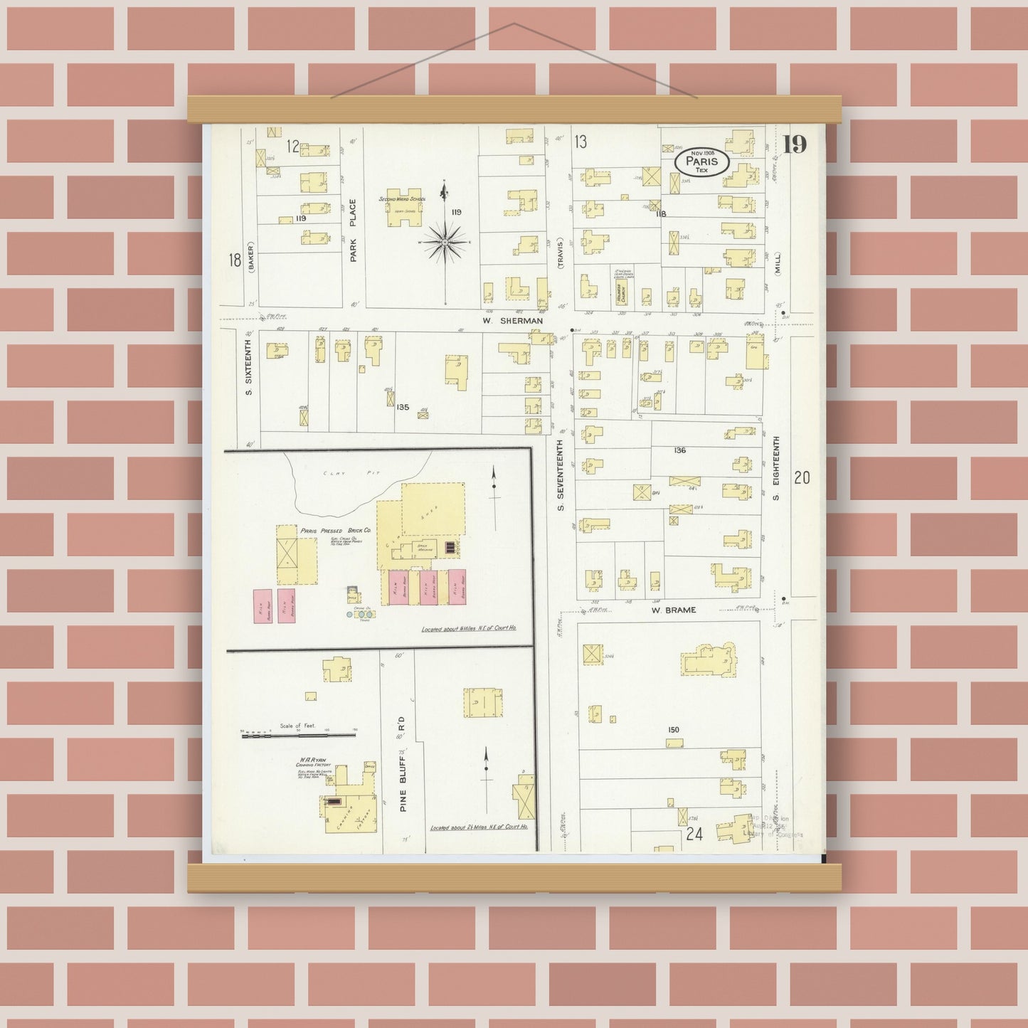 Old map wall art mockup — magnetic wood frame on brick wall — Sanborn Fire Insurance Map from Paris, Lamar County, Texas (1908), Sheet #0019